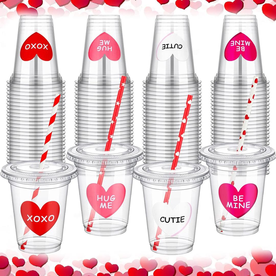 Eaasty 20 Sets Valentine's Day Plastic Cups with Lid and Straws, 12 oz Conversation Heart Disposable Valentines Cups with Sticker, Valentines Party Supplies for Iced Coffee Juice Beverage Drinks