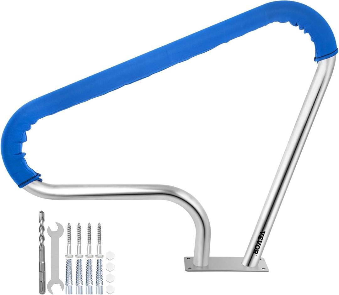 VEVOR Pool Rail 39x32 Pool Railing 304 Stainless Steel 250LBS Load Capacity Silver Rustproof Pool Handrail Humanized Swimming Pool Handrail with Blue Grip Cover & M8 Drill Bit & Self-Taping Screws