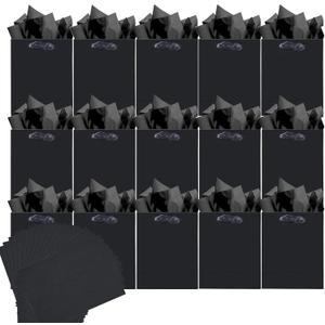 qiqee 50 PCS Black Mini Gift Bags with Tissue Paper Handles 6.3"x4.7"x2.4" Small Size