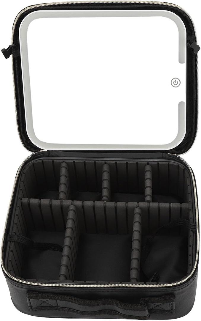 Travel Makeup Bag With LED Mirror, Portable Charging 3 Color Makeup Organizer Bag, Adjustable Brightness Cosmetic Train Case with DIY Dividers, for Women and Makeup Artists, Black