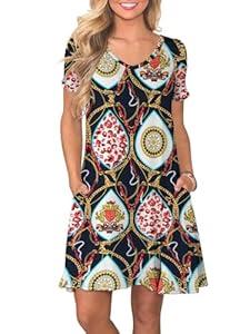 lionstill Women's Plus Size T Shirt Dress Summer Casual Short Sleeve Swing Floral Dresses with Pockets, Blue Chain Pink Leopard 3XL
