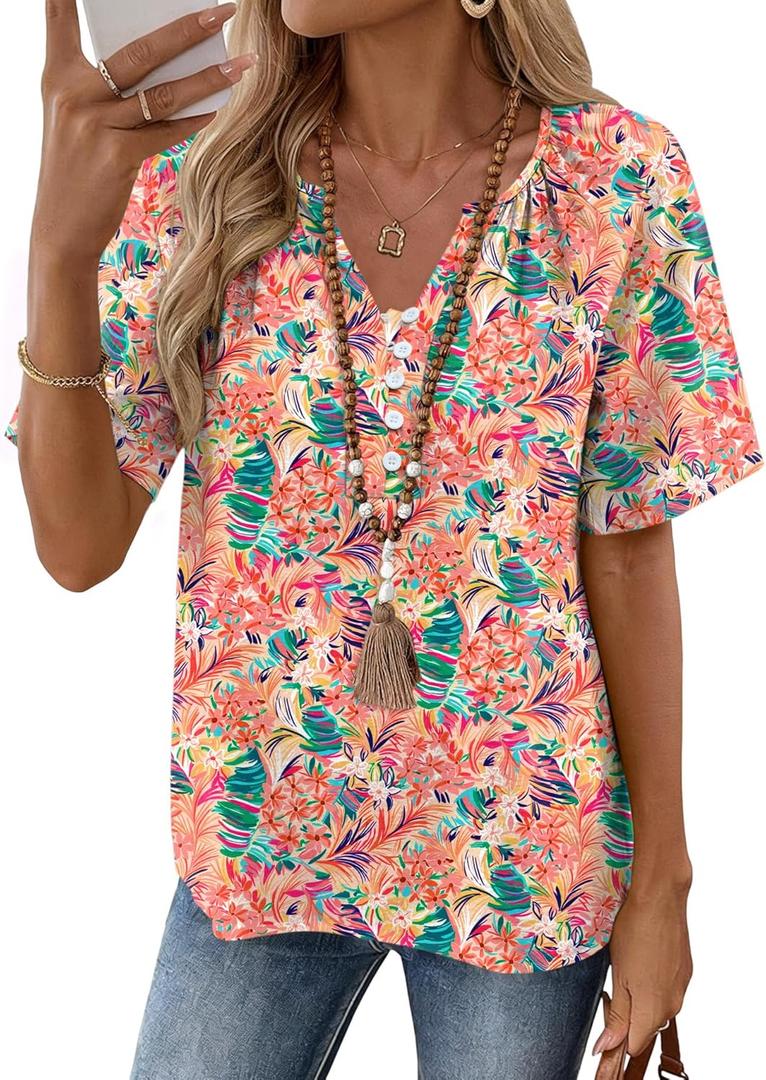 Rapbin Women's Summer Boho Tops Casual Short Sleeve Blouses Button Down Shirts 2026 Beach Vacation Clothes, Hawaiian Print, XX-Large