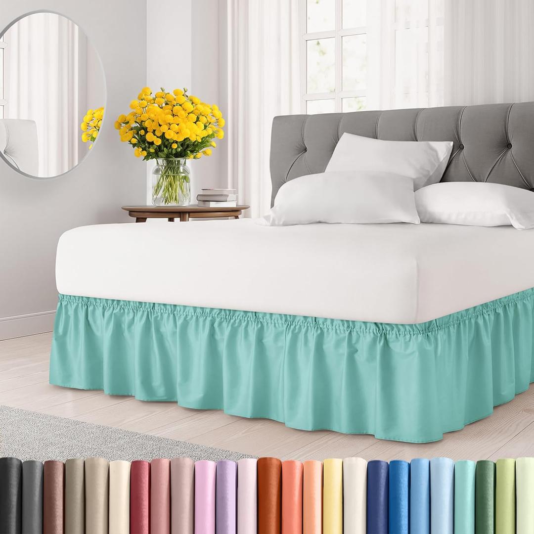 Wrap Around Dust Ruffle Bed Skirt - Spa Blue - for Queen Size Beds with 18 Inch Drop - Elastic Strap - Adjustable Pleated Bedskirt with Brushed Fabric and Wrinkle Free - for Women, Men, Kids & Teens