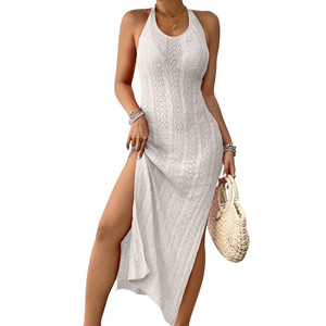 Pink Queen 2025 Crochet Cover Ups for Swimwear Women Halter Hollow Out Swimsuit Coverup Sexy Backless Bikini Beach Maxi Dress M