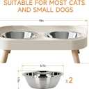Elevated Cat Bowl, Raised Cat Food and Water Bowl Set for Indoor Cats, Splash Proof with 2 Stainless Steel Pet Food Bowls for Cats and Puppies, Whisker Fatigue and Dishwasher Safe - White