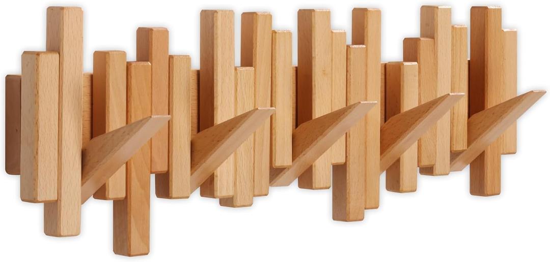 DESAINOPH Wooden Coat Rack Wall Mounted Sticks Multi Rack Solid Handmade Natural Wood Artwork with 5 Flip-Down Unique Modern Hooks for Coats Bag Hat Umbrella