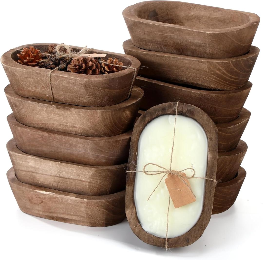 Tioncy 12 Pcs Wooden Dough Bowls Rustic Decorative Wood Dough Bowls Bulk for Decor with Card, Hand Carved Paulownia Wood, for Home Decor Candle Wedding Gifts Crafts Farmhouse Tray (Oval)