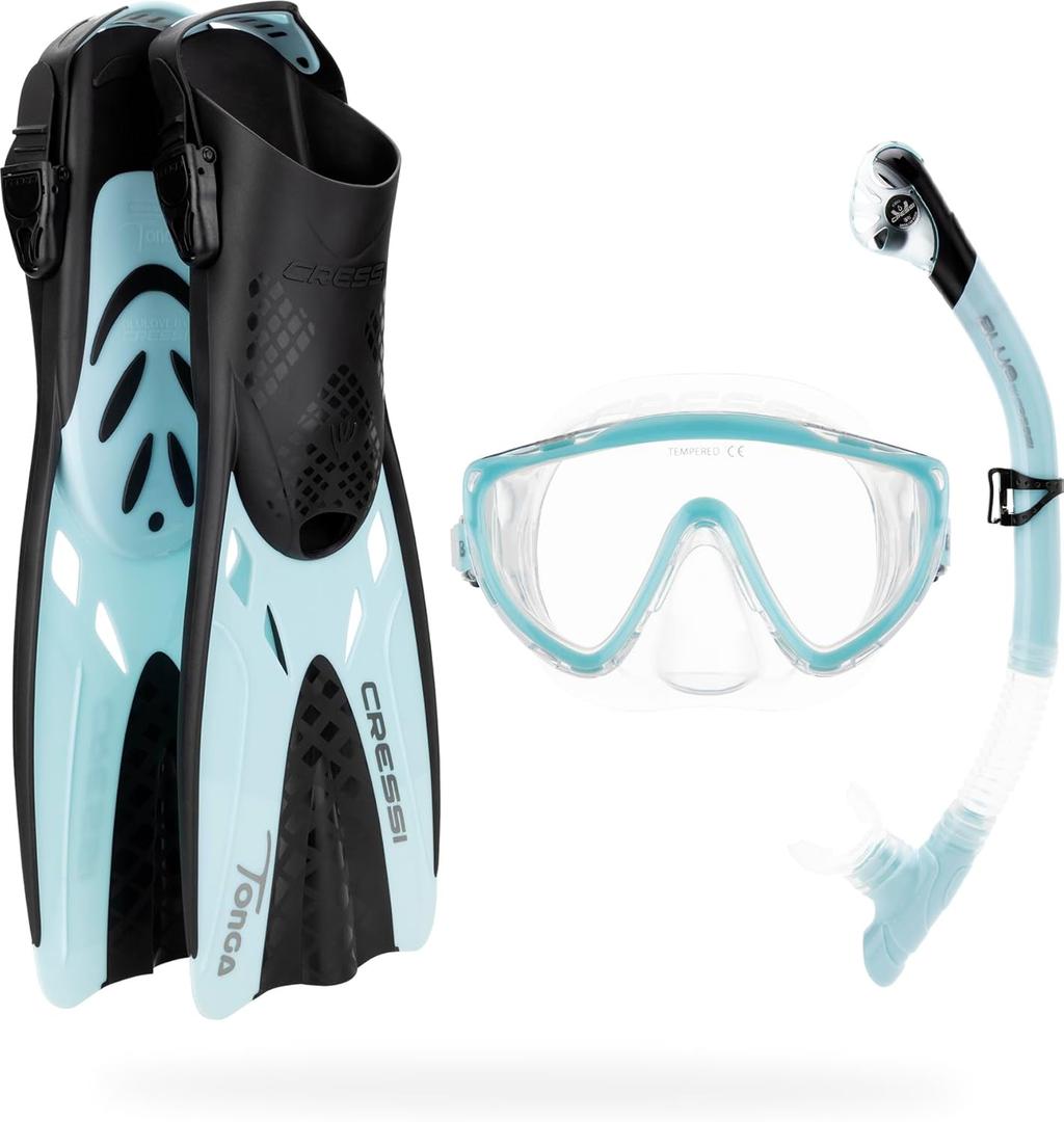 Cressi Snorkeling Set- Short Adjustable Fins, Silicone Mask, and Dry Snorkel- Compact for Travel- Tino Adventure Set- Designed in Italy (Large-X-Large, Clear/Ice Cyan)
