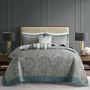 Madison Park Reversible Jacquard Quilted King Bedspread Set Teal, 5pc