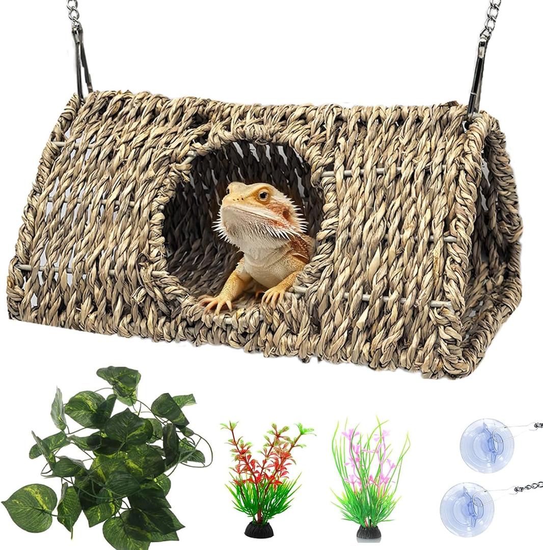 Reptile Hide Cave,Hollow Gecko Hide,Hanging Seagrass Fiber Bearded Dragon Hammock Swing Lizard Cage Climbing Toys with Suction Cups&Chains,Reptile Tank Decor with Simulation Plants-Triangle S (Triangle S:7.87*3.94*3.94", Brown)
