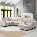 Merax Modern Oversized U-Shaped Sectional Sofa with Cup Holders & Chaise Lounge, Chenille 6-Seat Couch Set Sleeper Bed with Deep Seat Beige, 119 L