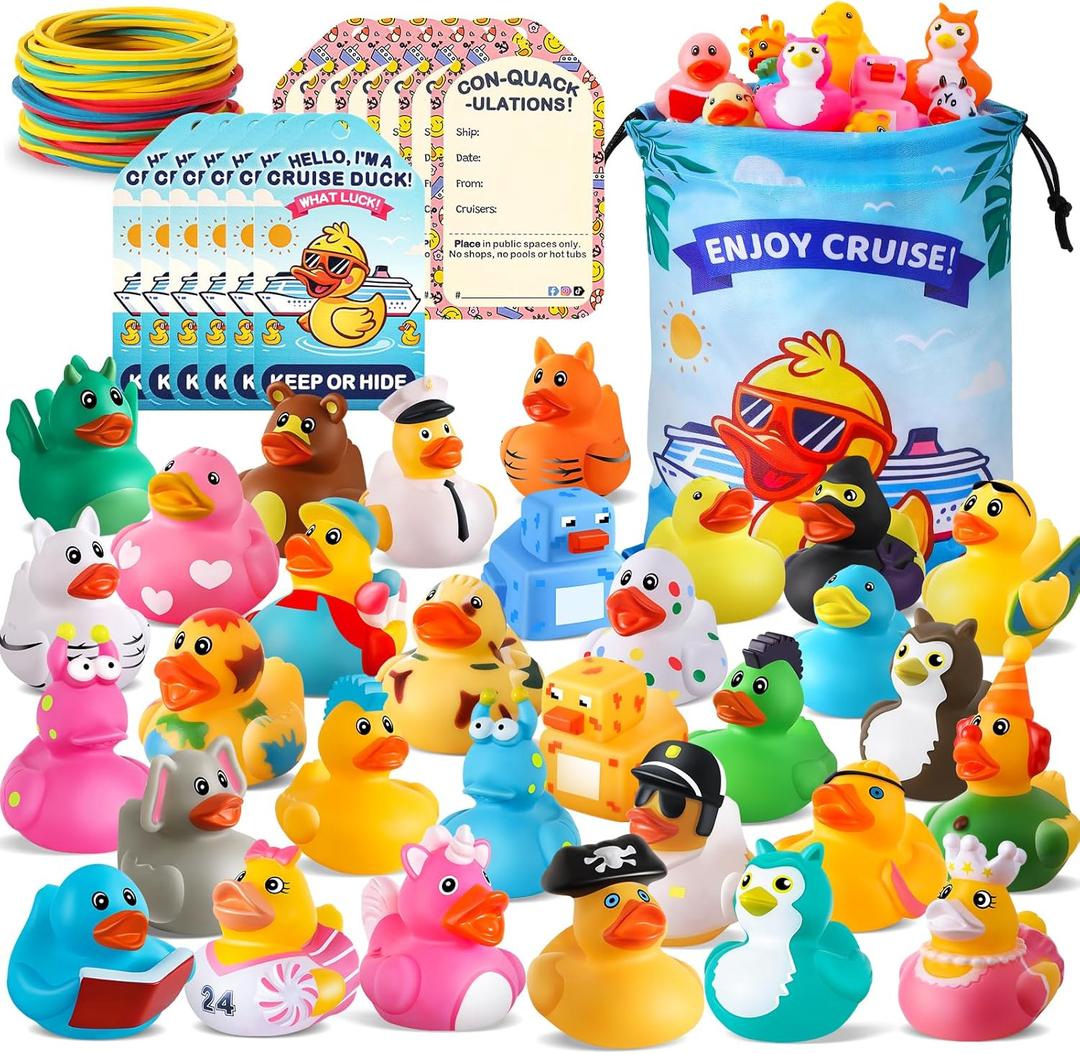 100 Pcs Cruise Rubber Ducks Kits Include 30 Pcs Cruise Ducks 30 Pcs Cruising Duck Tags and 40 Pcs Rubber Bands, Bulk Ducks for Jeep Cruise Ships Hiding Carnival Ducking Gift Christmas Stocking Stuffer