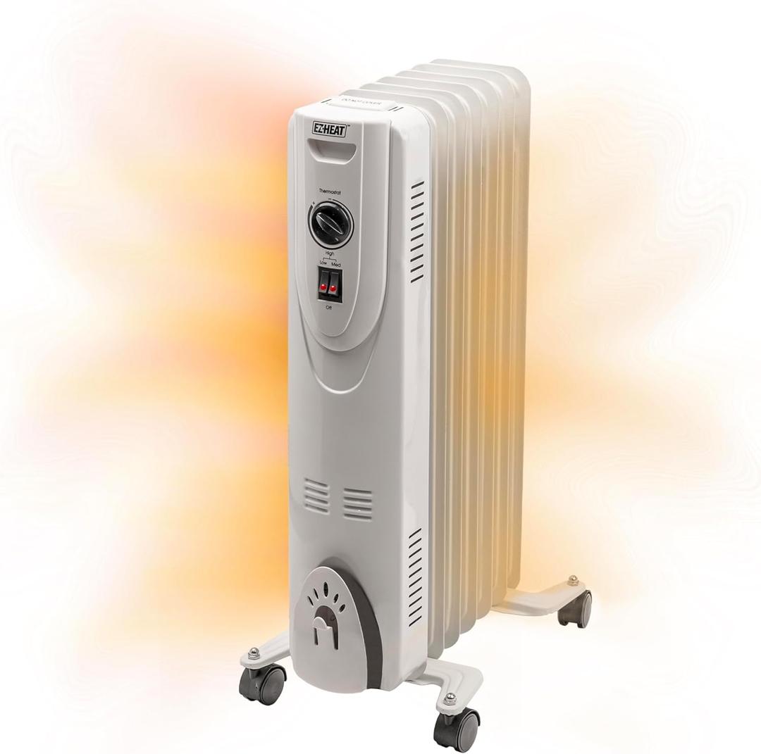 EZ-HEAT Oil-Filled Radiant Radiator Space Heater, Never Refill, Adjustable Thermostat, Tip-Over Switch & Overheat Protection System, MTDR-06WC