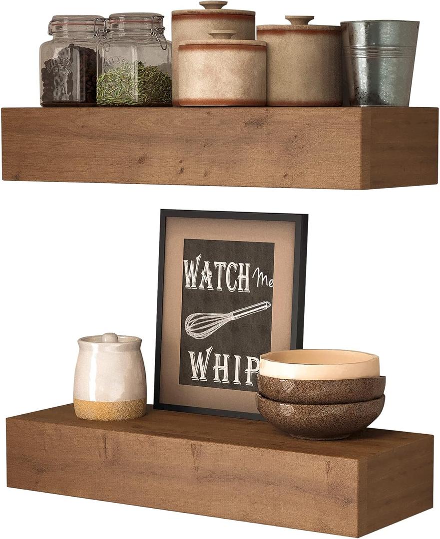 Wall Floating Shelves, Rustic Wood Wall Shelf Handmade - Wooden Shelves for Bathroom Kitchen Livingroom(Light Walnut, 17 Inch - 2 Pack)