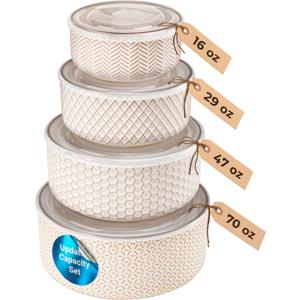 KooK Serving Bowls, with Lids, Ceramic Nesting Bowls, Set of 4, Embossed, Kitchen, Prep, Stackable, Gift, Microwave and Dishwasher Safe, 16/29/47/70 oz, Narbonne Collection (Ivory)