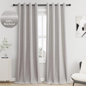 Silver Linen Blackout Curtains 96 Length 2 Panels Set for Living Room Bedroom, 100% Black Out Thermal Insulated Linen Drapes, Room Darkening Grommet Curtains 96 Inches Long