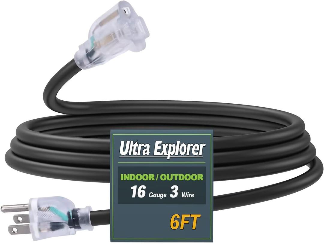 6 Ft Indoor Outdoor Black Extension Cord, 16/3 Heavy Duty Extension Cable, 3 Prong Grounded Plug with Lighted End for Appliance and Lawn, 13A, UL Listed