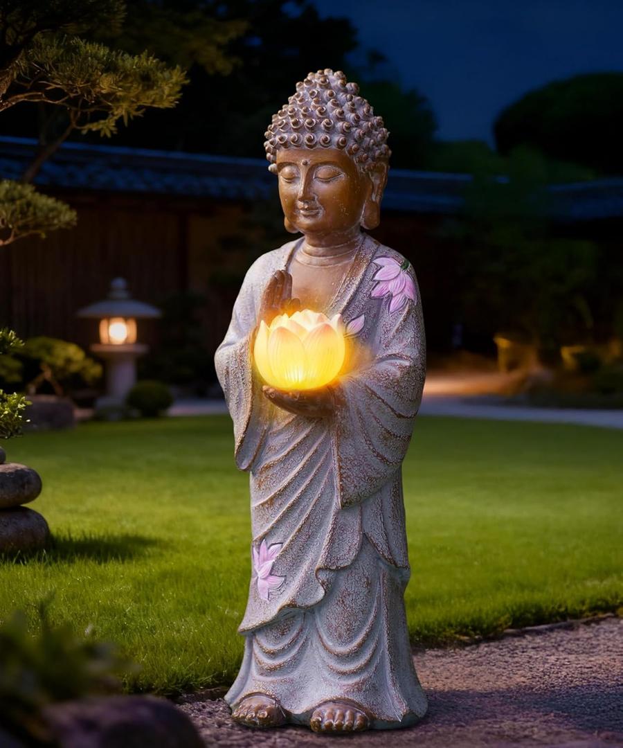 Nacome Solar Buddha Garden Statue Decor: Resin Zen Decor Waterproof Sitting Figurine with Lotus Flower Light Design for Outside Patio Lawn Yard Balcony - 11 inches(White)