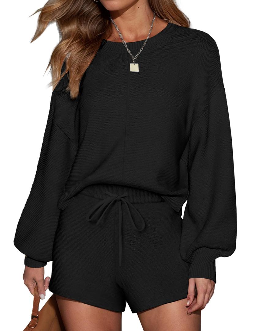 Ekouaer Womens 2 Piece Knit Sweatsuit Long Sleeve Tops and Shorts Pajamas Fashion Outfits Casual Lounge Set with Pockets Black L