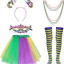 Heliltd 7Pcs Mardi Gras Costume Accessory Set for Women: Tutus, Lace Masquerade Mask, Beads Necklaces, Ponytail Headband, Long Socks - Multi, Standard Size