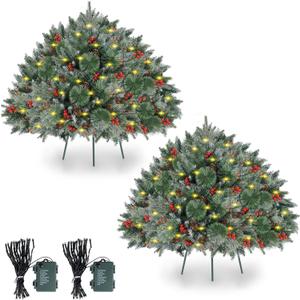 2 Pack 24Inch Prelit Christmas Trees,Outdoor Frosted Urn Fillers 150 Branches Battery Operated 50 LEDs Dual Color Change with Timer Pine Cones Red Berries for Porch Pathway Decor