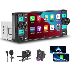 Single Din Car Stereo  Dual Knob Touchscreen Radio with Wireless Apple CarPlay & Android Auto Upgrade Your Classic Car with Easy Installation, Backup Camera Ready, Bluetooth, GPS, FM/AM, USB, EQ (Black)