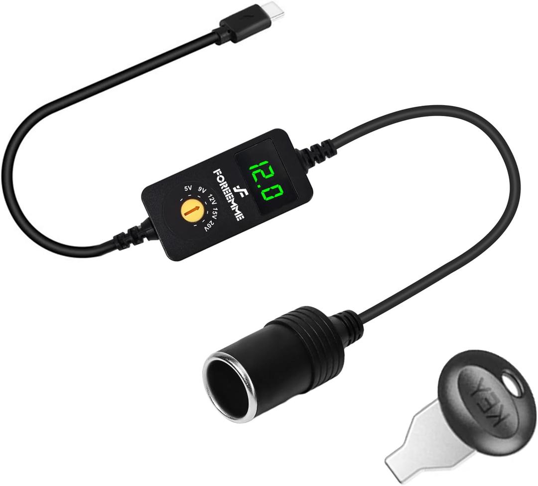 USB C Male to 5V 9V 12V 15V 20V Car Cigarette Lighter Socket Female Converter Cable, PD Trigger Cable with Switching Voltage and Display Voltage,for Dash Cam,GPS,Etc (1.6 FT)