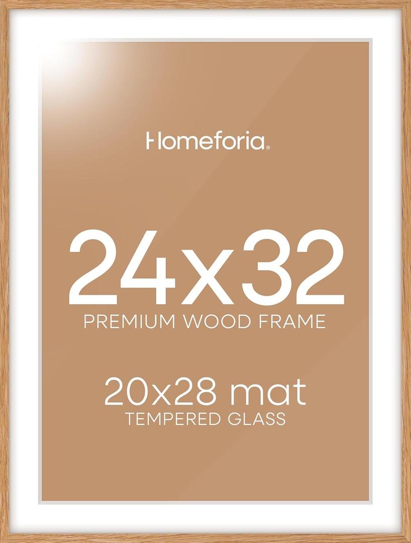 Homeforia 32x24 Poster Frame Wood, High End Natural Oak 24x32 Large Picture Frame with Mat 20x28, 24 x 32 Light Wooden Frame Matted to 20 by 28 Photo, 24by32 Frames, Tempered Glass, Wall Kit, Set of 1