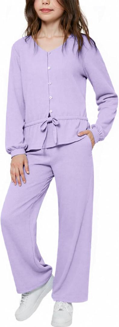 Girls Fall Outfits Tie Knot Crop Tops Wide Leg Pants with Pockets 2025 Winter Sets Active Wear (Purple)