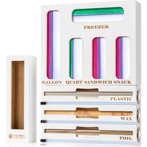 Calmbee Storage Bag Organizer - Foil & Plastic Wrap Organizer with Cutter, Kitchen Storage Compatible with Gallon, Quart, Sandwich, Snack Bags & 12" Aluminum Foil & Wax Paper, White