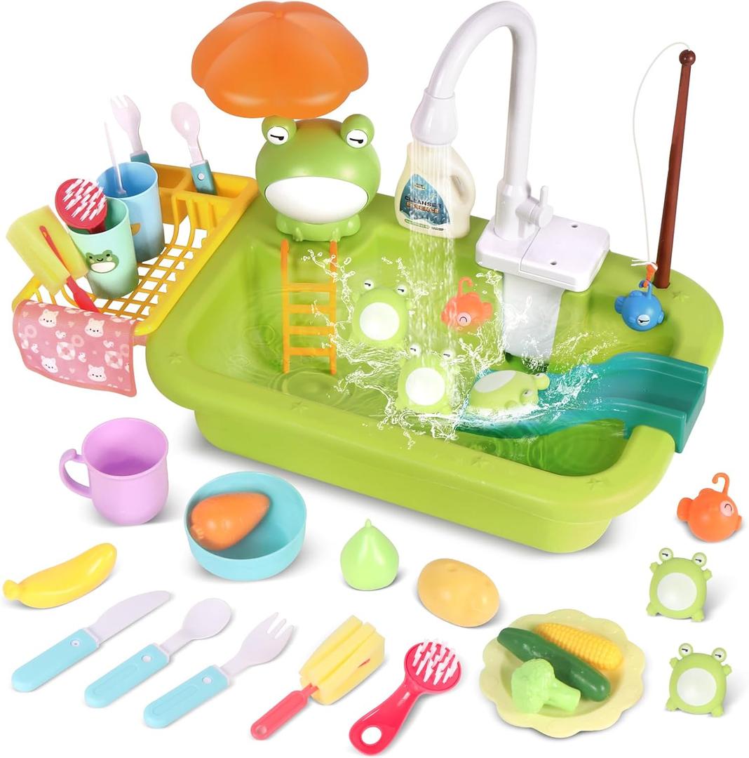 Play Sink with Running Water, Kitchen Sink Toy with Functional Faucet, Play Food and Kitchen Accessories, Floating Fishing Water Toy for Toddler, Pretend Play Dishwasher for Kids