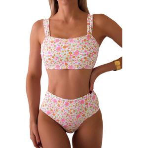 Fanuerg Women's High Waisted Bikini Sets Wide Straps Two Piece Swimsuit Floral Print Bathing Suits (White, L)