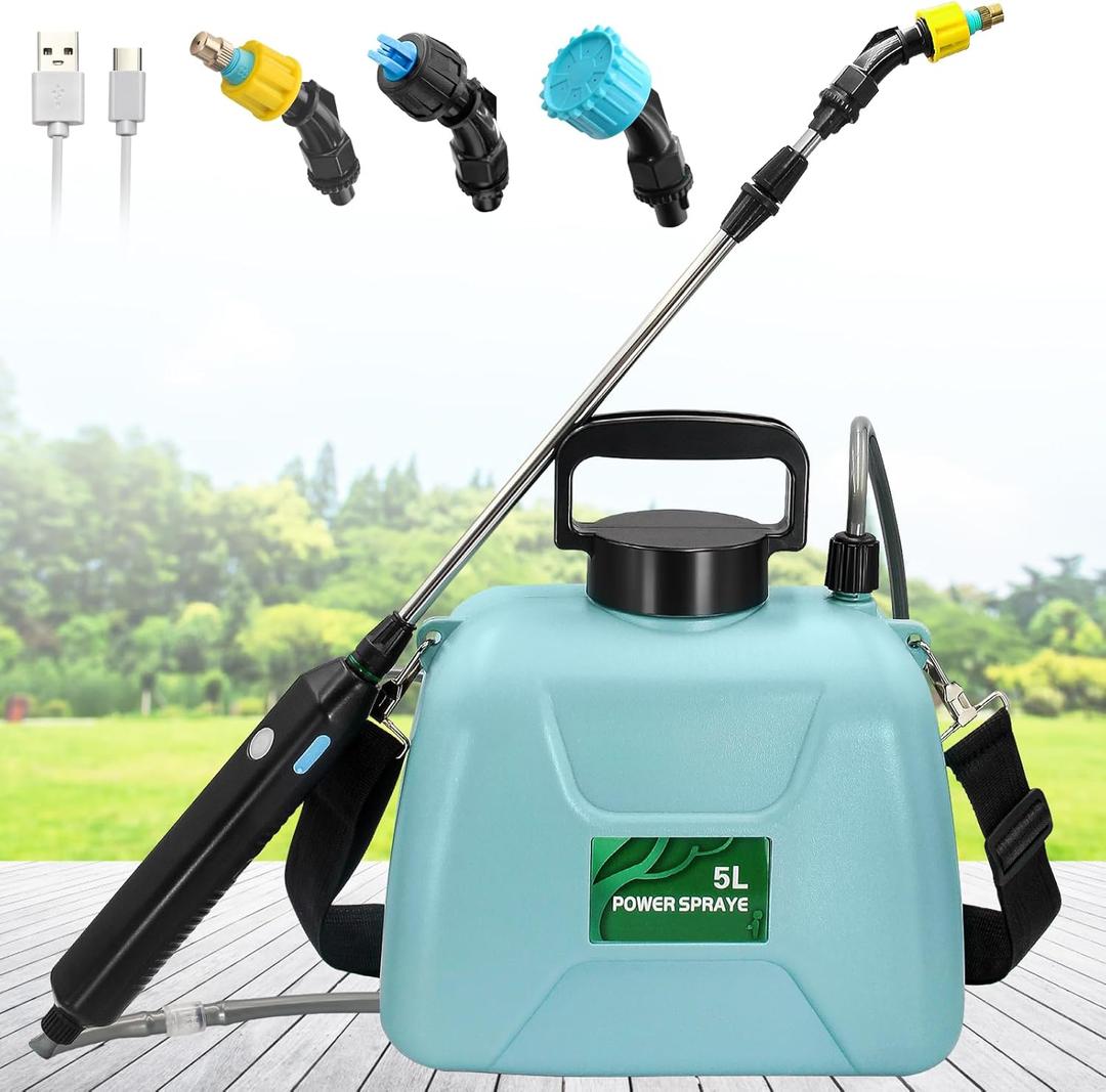 1.35 Gallon/5L Battery Powered Electric Sprayer with USB Rechargeable Handle, Portable Garden Sprayer with 23.6" Telescopic Wand, 3 Mist Nozzles and Adjustable Shoulder Strap (Blue) 1.35 Gallon/5L Battery Powered Electric Sprayer with USB Rechargeable Handle, Portable Garden Sprayer with 23.6" Telescopic Wand, 3 Mist Nozzles and Adjustable Shoulder Strap (Blue)