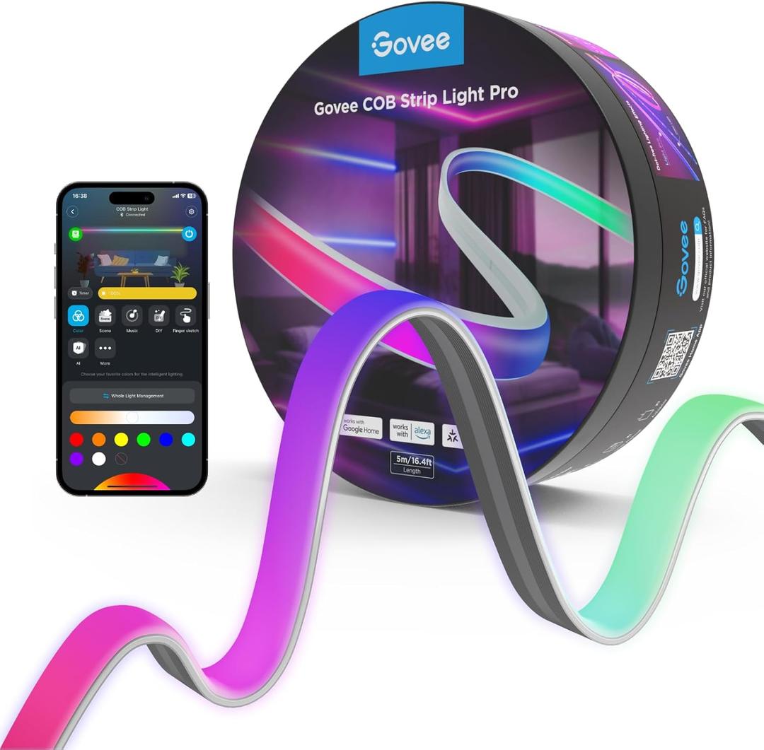 Govee COB LED Strip Light Pro, LED Lights for Bedroom Compatible with Alexa, Google Assistant and Matter, RGBICW Light with Warm White, Smart Strip Light, Color Changing, for Cabinet, 16.4ft Govee COB LED Strip Light Pro, LED Lights for Bedroom Compatible with Alexa, Google Assistant and Matter, RGBICW Light with Warm White, Smart Strip Light, Color Changing, for Cabinet, 16.4ft