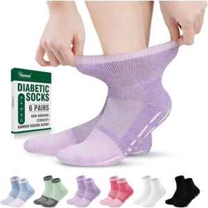 Bulinlulu Bamboo Viscose Diabetic Socks with Grippers for Men Women -6 Pairs Non Binding Ankle Slipper Socks, Size 9-11(Bright-Medium)