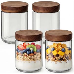 16oz 4 Pack Overnight Oats Containers with Lids, Glass Mason Jars with Acacia Wood Airtight Lids, Wide Mouth Meal Prep Storage Jars for Yogurt, Chia Pudding, Salad, Parfait, Snacks, Spice