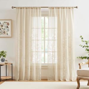 Jubilantex Leaf Lace Sheer Curtains for Bedroom 95" Long Beige Botanical Leaf Knitted Lace Curtain Panels Rod Pocket Light Filtering Drapes,52" W