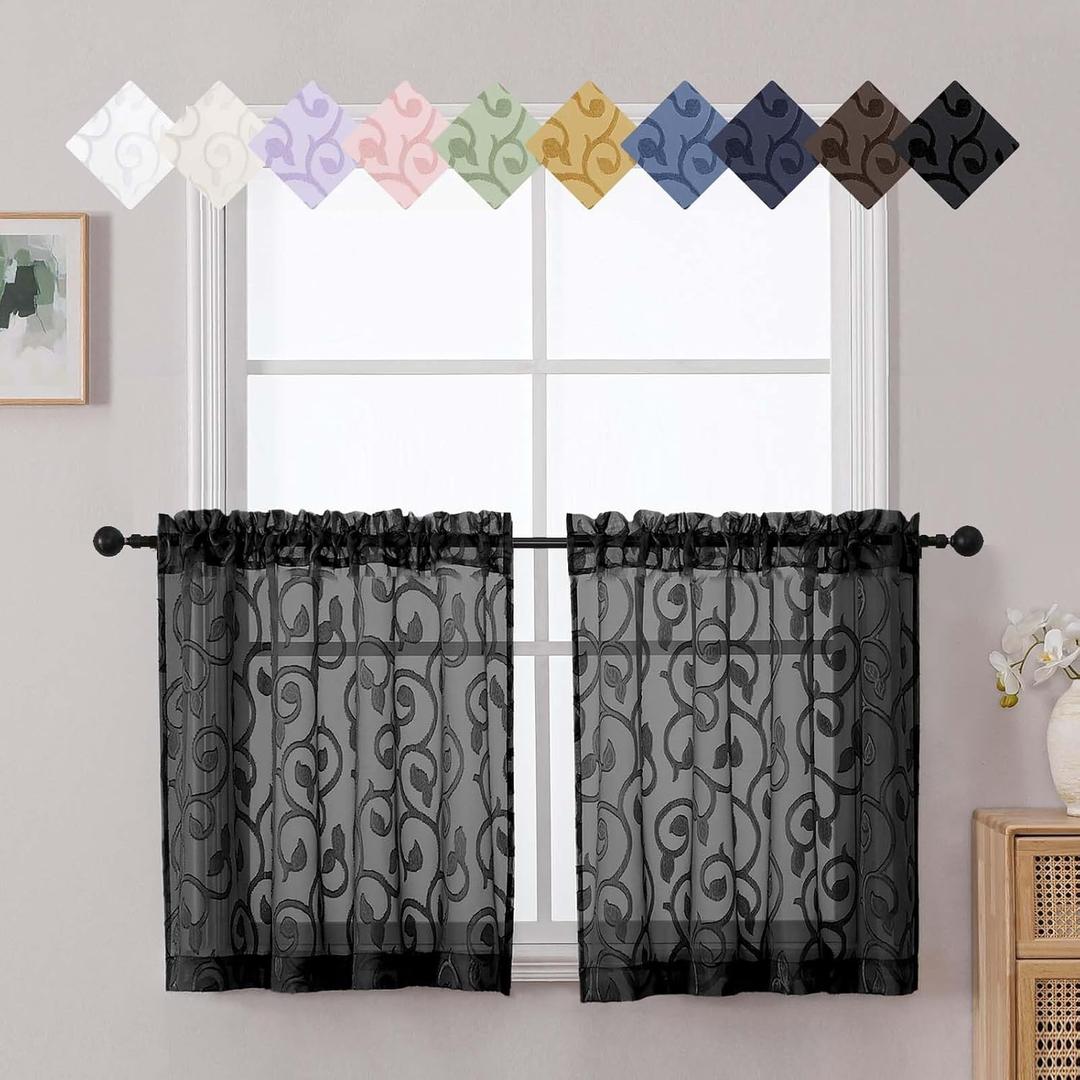 Sheer Black Kitchen Curtains Tier 24 Inch Length 2 Panels Set, Soft Airy Elegant Geometric Jacquard Small Window Curtains for Basement Bathroom Bedroom Kitchen, Black, 2Pcs 42" Wx24 L Inch
