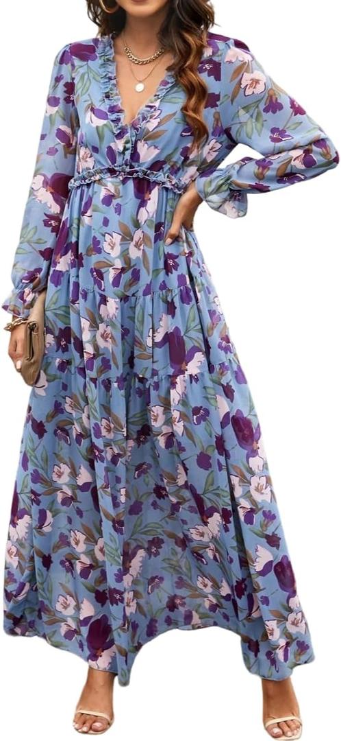 Women's Floral Maxi Dress V-Neck Long Sleeve Boho Flowy Tiered Ruffle Dress for Spring Wedding Guest Vacation (Large, Blue)