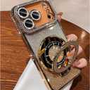 Luxury Bling Diamond Case for iPhone 17 Pro 6.3"- Clear Transparent Back with Glitter Card & Sparkling Rhinestones, Magnetic Kickstand, Shockproof Protection - Dazzling Cover for Women, Gold