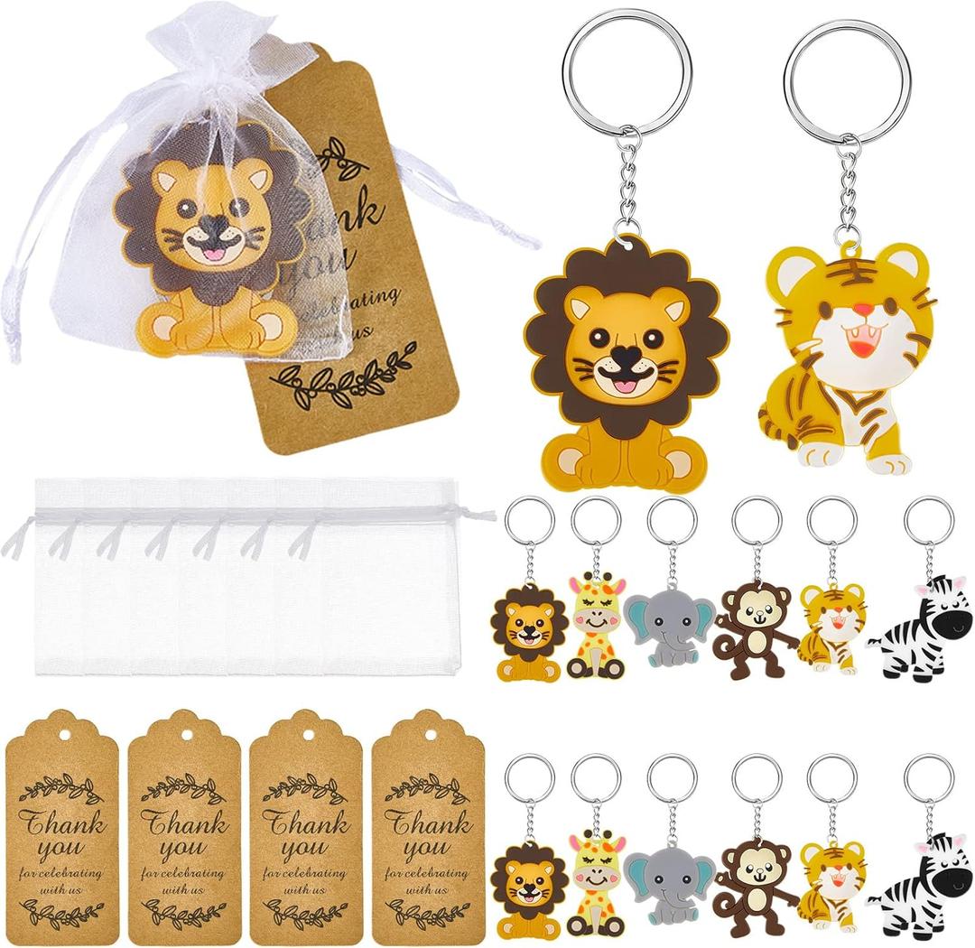 90 Pcs Safari Baby Shower Party Favors 30 Sets Cute Jungle Animal Keychains Baby Shower Prizes Zoo Animals Keychains with Thank You Kraft Tags and White Organza Bags for Birthday Party Decorations