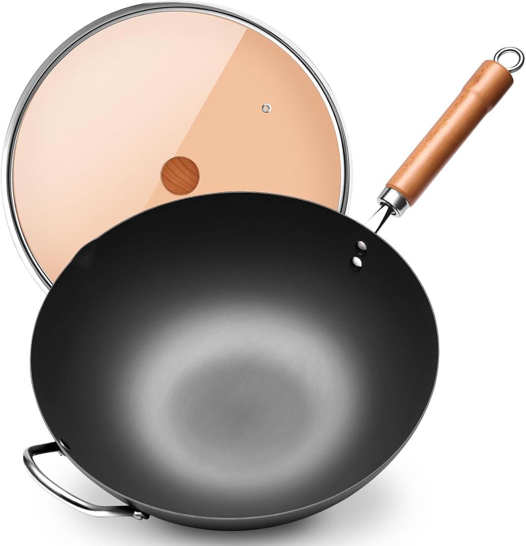 WANGYUANJI Iron Wok,12.59 inch Woks for Stir-fry, Chinese Stir Fry Pan Uncoated, Traditional Flat Bottom Iron Pot for Induction, Electric, Gas, Suitable for All Stoves(Pure Iron Wok) (Black)