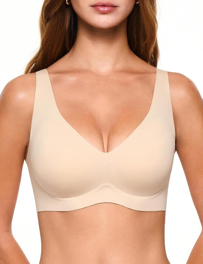 Deep V Bras for Women, Wireless Push Up Plunge Bra Seamless Supportive No Underwire T-Shirts Bralettes (Large, Nude)