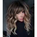 Brown Wig with Bangs,Brown Highlight Synthetic Shoulder Length Curly Wavy Wigs for Women Party Daily Use 18IN