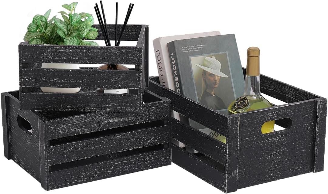 Storage Crates 3 Pack Wooden Nesting Crates with Handles,Rustic Storage Container Boxes,Farmhouse Decorative Baskets for Storage,Display,Decor,Black