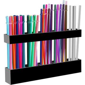 Malldii 9.5" Large Acrylic Straw Holder for Cabinet Door - Reusable Tumbler Straw Organizer Storage, Small Kitchen Accessories Container, Ultra Sticky Cupboard Door Mounted (Black)