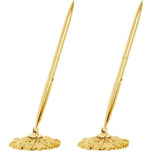 2 Pcs Gold Hollow Round Pen Holder Metal Pen Stand Holder Set Signing Pen Set Signing Desk Ballpoint Pens for Guest Book Wedding Birthday Party Graduation Teacher Office Business