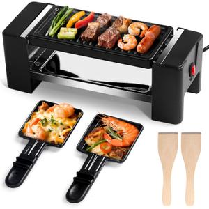 Electric Griddle Indoor Grill Small Korean BBQ Grill, Mini Electric Grill Outdoor with 2 Raclette Cheese Pan for Indoor Cooking NonStick Removable Plate, 350W Black Ideal for Home Apartment Cooking