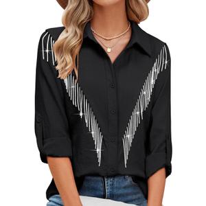 MYMORE Womens Rhinestone Fringe Button Down Shirt Rolled 3/4 Sleeve Sparkly Top Concert Nashville Western Cowgirl Outfit (Large)