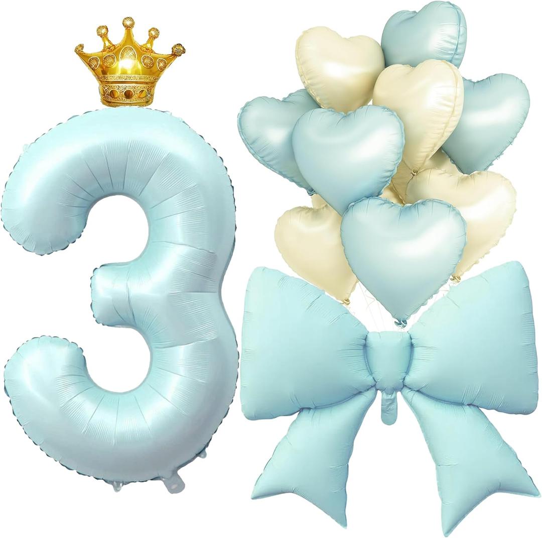 LilyZheng Baby Blue Number 3 Foil Balloon Set, 40 Inch Number Balloon with Crown, Bow & Heart Balloons for Boys and Girls 3rd Birthday, Baby Shower & Prince Party